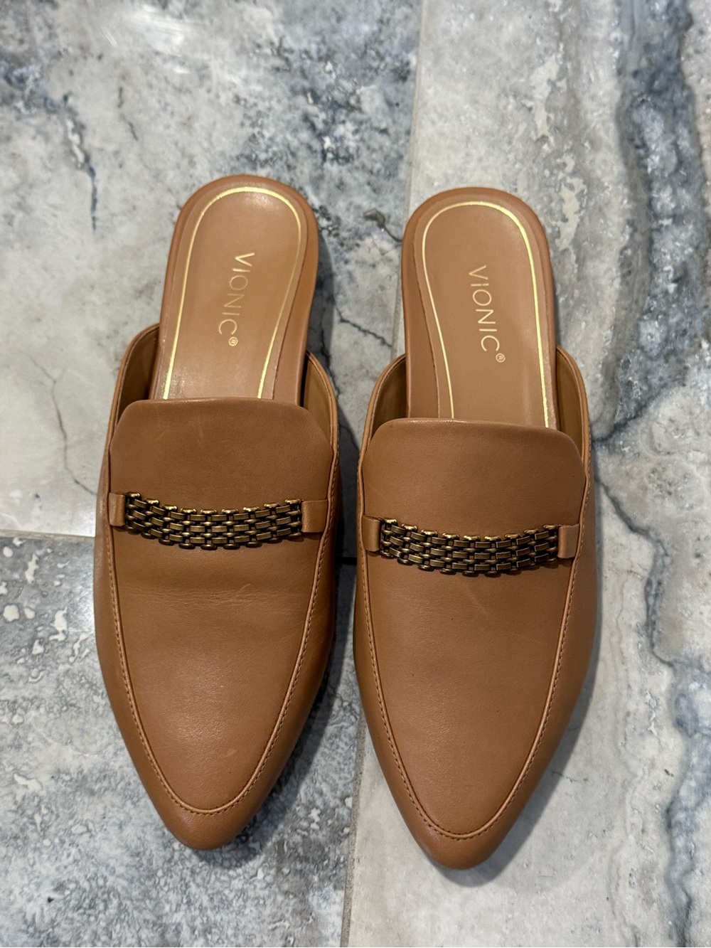 Vionic Tan Leather Slip-On Mule with Chain Accent - Picture 2 of 5